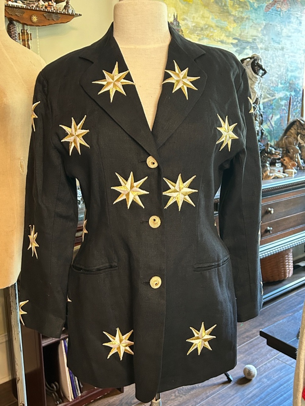 1990’s Forwear Sz 4 Black Embroidered Star Blazer Linen